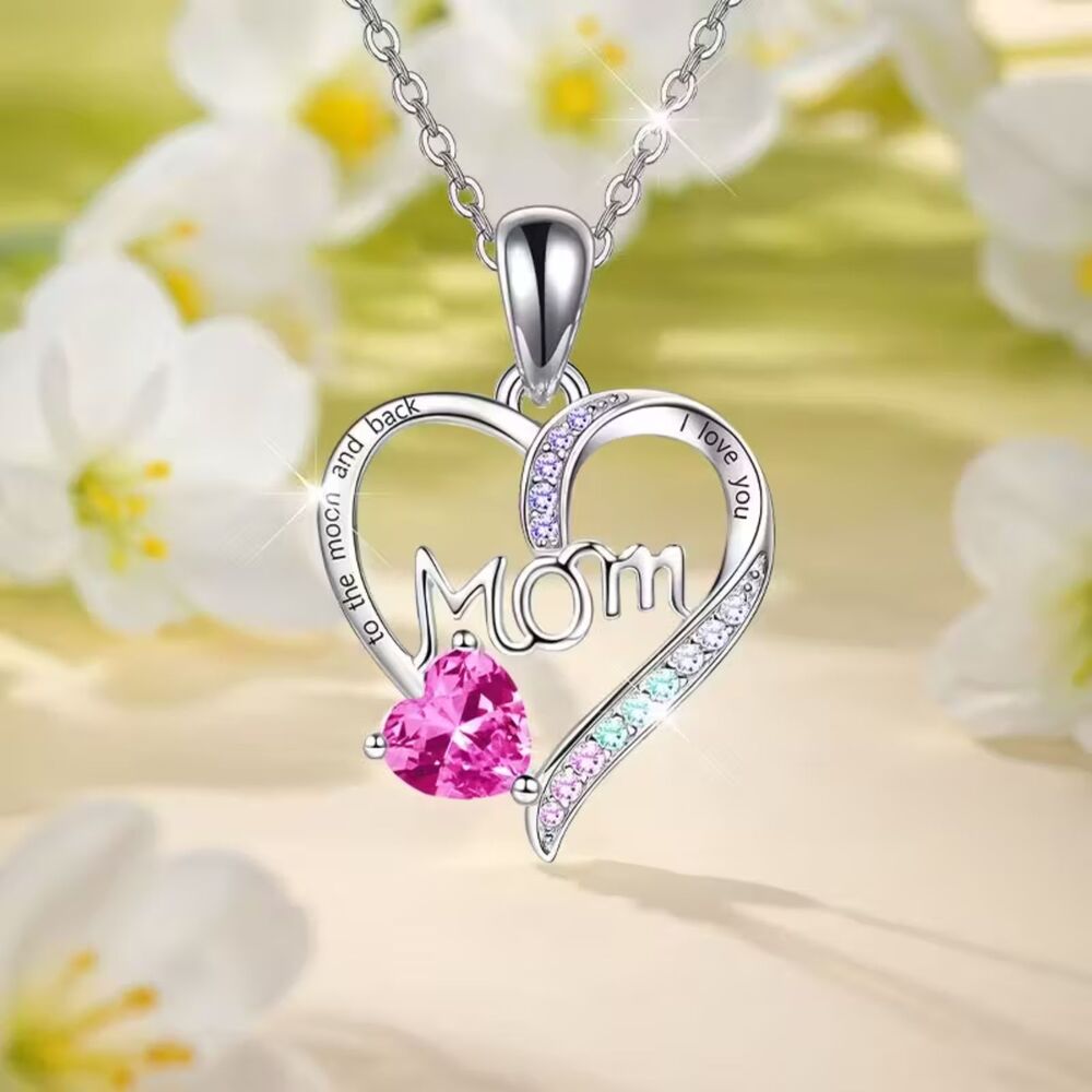 Mom Silver Zirconia Pink Crystal Heart Pendant Necklace Drop Gemstone Charm Love
